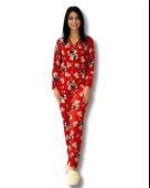 Kadın Teddy Bear Ayıcık Desenli Süet Düğmeli Pijama Takımı (Kırmızı) thumbnail 1