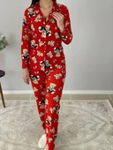 Kadın Teddy Bear Ayıcık Desenli Süet Düğmeli Pijama Takımı (Kırmızı) thumbnail 5