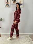 Kadın Teddy Bear Ayıcık Desenli Süet Düğmeli Ekose Pijama Takımı (Siyah) thumbnail 4