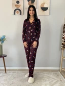 Kadın Teddy Bear Ayıcık Desenli Süet Düğmeli Ekose Pijama Takımı (Kırmızı-Lacivert) thumbnail 5