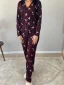 Kadın Teddy Bear Ayıcık Desenli Süet Düğmeli Ekose Pijama Takımı (Kırmızı-Lacivert) thumbnail 4