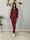 Kadın Teddy Bear Ayıcık Desenli Süet Düğmeli Ekose Pijama Takımı (Siyah) thumbnail 2