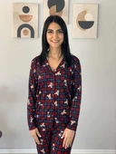 Kadın Teddy Bear Ayıcık Desenli Süet Düğmeli Ekose Pijama Takımı (Kırmızı-Lacivert) thumbnail 2