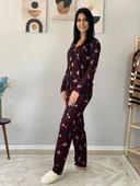 Kadın Teddy Bear Ayıcık Desenli Süet Düğmeli Ekose Pijama Takımı (Kırmızı-Lacivert) thumbnail 3