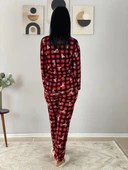 Kadın Teddy Bear Ayıcık Desenli Süet Düğmeli Ekose Pijama Takımı (Siyah) thumbnail 5