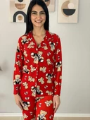 Kadın Teddy Bear Ayıcık Desenli Süet Düğmeli Pijama Takımı (Kırmızı) thumbnail 6