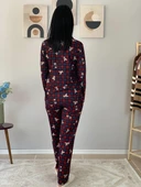 Kadın Teddy Bear Ayıcık Desenli Süet Düğmeli Ekose Pijama Takımı (Kırmızı-Lacivert) thumbnail 6