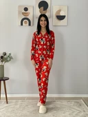 Kadın Teddy Bear Ayıcık Desenli Süet Düğmeli Pijama Takımı (Kırmızı) thumbnail 2