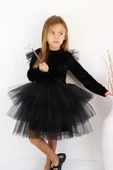 Kız Çocuk Pearly Siyah Uzun Kollu Kadife Tüllü Tütü Yılbaşı Düğün Doğum Günü Parti Elbisesi thumbnail 6