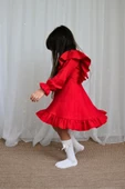 Kız Çocuk Catherine Kırmızı Fiyonklu Fırfırlı Uzun Kol Keten 23 Nisan 29 Ekim Gösteri Elbisesi thumbnail 7