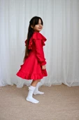 Kız Çocuk Catherine Kırmızı Fiyonklu Fırfırlı Uzun Kol Keten 23 Nisan 29 Ekim Gösteri Elbisesi thumbnail 1