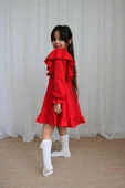 Kız Çocuk Catherine Kırmızı Fiyonklu Fırfırlı Uzun Kol Keten 23 Nisan 29 Ekim Gösteri Elbisesi thumbnail 5