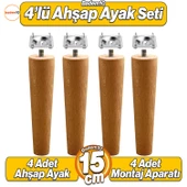 4'lü Set Ahşap 15 cm Mobilya Koltuk Kanepe Sehpa Masa Ayağı Ayakları M8 Civatalı Bağlantı Aparatlı - 1