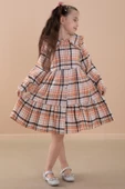 Turuncu Ekose Desenli Düğme Kapamalı Uzun Kol Kız Çocuk Elbise 20167 - 1