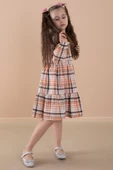 Turuncu Ekose Desenli Düğme Kapamalı Uzun Kol Kız Çocuk Elbise 20167 - 3