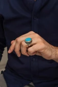 Oval Mavi Taşlı 925 Gümüş Erkek Yüzük - 5