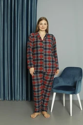 Yeni Model Düğmeli Büyük Beden Süet Kadın Pijama Takımı 13686-Kırmızı-Füme thumbnail 1