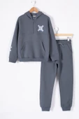 Füme Fermuarlı Yaka Kapüşonlu Erkek Çocuk Şardonlu Eşofman Takımı 19622 - 1