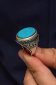 Oval Mavi Taşlı 925 Gümüş Erkek Yüzük - 4
