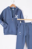 Mavi Fermuarlı Yaka Kapüşonlu Erkek Çocuk Şardonlu Eşofman Takımı 19621 - 3