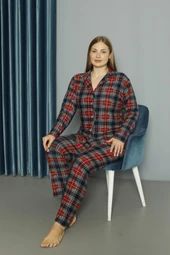 Yeni Model Düğmeli Büyük Beden Süet Kadın Pijama Takımı 13686-Kırmızı-Füme thumbnail 2