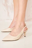 Kadın Abiye Stiletto Bej Rugan Sivri Burun Arka Açık 6cm Topuklu Tam Kalıp - 1