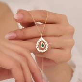 925 Ayar Gümüş Yeşil Damla Taşlı Dokulu Çerçeve Kolye thumbnail 1