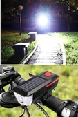 Solar Enerjili USB ile Şarj Edilebilir Ledli Bisiklet Feneri Kornalı ve Su Geçirmez Far - 10