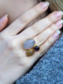 Doğal Taş 3'lü Doğal Taşlı Ayarlanabilir Altın Kaplama Kadın Yüzük Pembe Kuvars Ametist Sitrin eouy4sap thumbnail 1