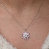 Lucky Life Gümüş Pembe Lotus Desenli Çiçek Kadın Kolye thumbnail 4