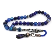 1000 Ayar Gümüş Kazaz Püsküllü Lacivert Akik Doğaltaş Tesbih thumbnail 1