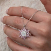 Lucky Life Gümüş Pembe Lotus Desenli Çiçek Kadın Kolye thumbnail 2