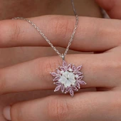 Lucky Life Gümüş Pembe Lotus Desenli Çiçek Kadın Kolye thumbnail 3