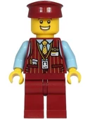 Lego Minifigür Tram Driver - Male, Dark Red Vest, Bright Light Blue Shirt, Dark Red Legs, Dark Red Hat - 1