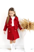 Kız Çocuk Carmen Kırmızı Tüvit Uzun Kollu Düğmeli Etek Ceket Takım thumbnail 7
