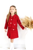 Kız Çocuk Carmen Kırmızı Tüvit Uzun Kollu Düğmeli Etek Ceket Takım thumbnail 9