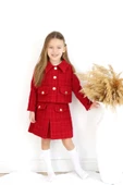 Kız Çocuk Carmen Kırmızı Tüvit Uzun Kollu Düğmeli Etek Ceket Takım thumbnail 6