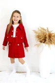 Kız Çocuk Carmen Kırmızı Tüvit Uzun Kollu Düğmeli Etek Ceket Takım thumbnail 1