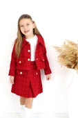Kız Çocuk Carmen Kırmızı Tüvit Uzun Kollu Düğmeli Etek Ceket Takım thumbnail 2