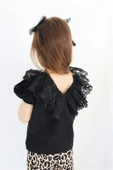 Kız Çocuk Bright Bisiklet Yaka Dantel Detaylı kısa kollu Siyah Bluz Leopar İspanyol Tayt Pantolon Tok Alt Üst Abiye 3'lü Takım TKM-0191.57 thumbnail 7