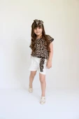 Kız Çocuk Viskon Leopar Madonna Yaka Şortlu Bandana Alt Üst Takım TKM-0178 - 6