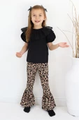 Kız Çocuk Bright Bisiklet Yaka Dantel Detaylı kısa kollu Siyah Bluz Leopar İspanyol Tayt Pantolon Tok Alt Üst Abiye 3'lü Takım TKM-0191.57 thumbnail 1
