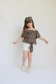 Kız Çocuk Viskon Leopar Madonna Yaka Şortlu Bandana Alt Üst Takım TKM-0178 - 2