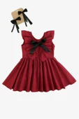 Kız Bebek Bordo Cherry Fiyonklu Fırfırlı Elbise Toka Takım - 1
