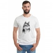 Wolf Kurt Sibirya Köpek Karakalem Çizim Baskılı Beyaz Erkek Örme Tshirt - 1