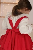 Kız Çocuk Helen Kırmızı Askılı Kat Kat Bağlama Jile Elbise Dantel Detay Ekru Uzun Kollu Bluz Takım TKM-0190.3 - 3