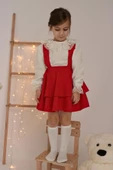 Kız Çocuk Helen Kırmızı Askılı Kat Kat Bağlama Jile Elbise Dantel Detay Ekru Uzun Kollu Bluz Takım TKM-0190.3 - 7