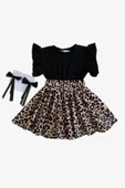 Kız Bebek Leopar Kısa Kollu Fırfırlı Elbise Toka Takım thumbnail 1