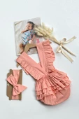 Kız Bebek Somon Pamuklu Salopet Bandana Takım TKM-0031 - 1