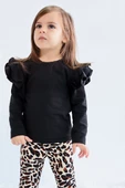 Kız Çocuk Siyah Omuz Fırfırlı Bisiklet Yaka Body Sweatshirt - 1